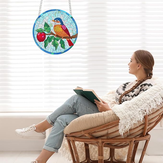 Bimkole Bird Diamond Art Hanging Kit for Adult, DIY 5D Diamond Art Flower Window Pendant, Acrylic Crystal Art Hanging Ornament Home Wall Garden Front Door Sign Outdoor Decor 7.8x7.8 Inch