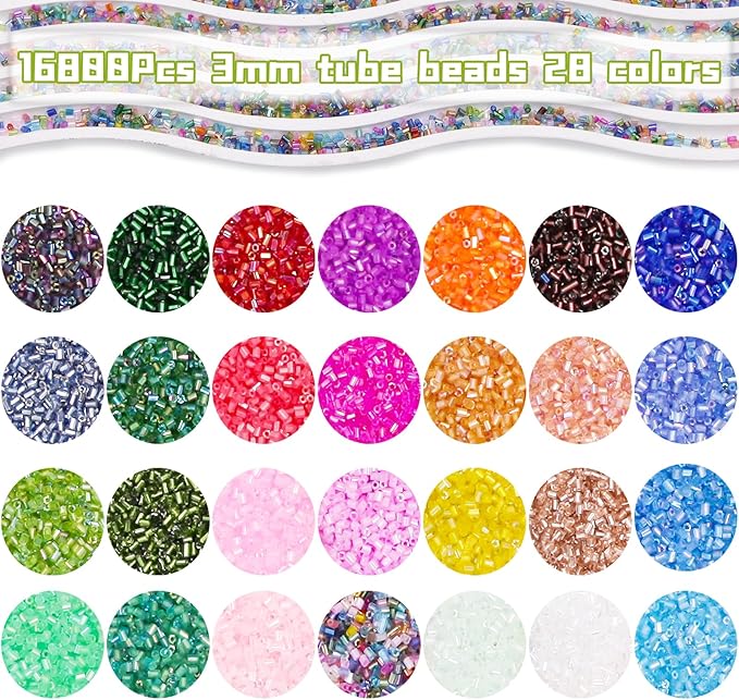 Tube Seed Beads Crafts Glass Bugle Beads Small Craft 3mm with for Jewelry Making Embroidery Decoration (28 Colors, 16800pcs)