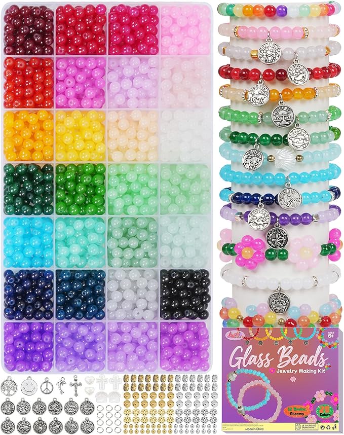 LovelyMoon 28 Colors 6mm Glass Beads for Bracelet Making Kit with 12 Zodiac Charms, Metal Spacers & Elastic Cord Beginner-Friendly Bracelet & Necklace Craft Kit for Teens & Adults