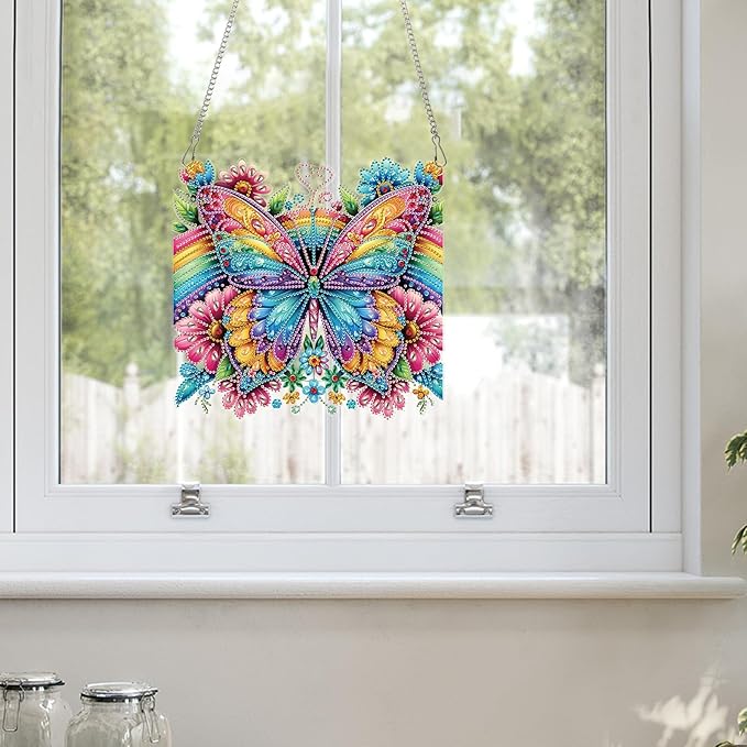 AiYuanzsh Diamond Art Suncatcher Hanging Kit Rainbow Butterfly with Flowers, Colorful Special Shaped Diamond Painting Ornament for Adults, DIY 5D Crystal Diamond Art Pendant Decoration