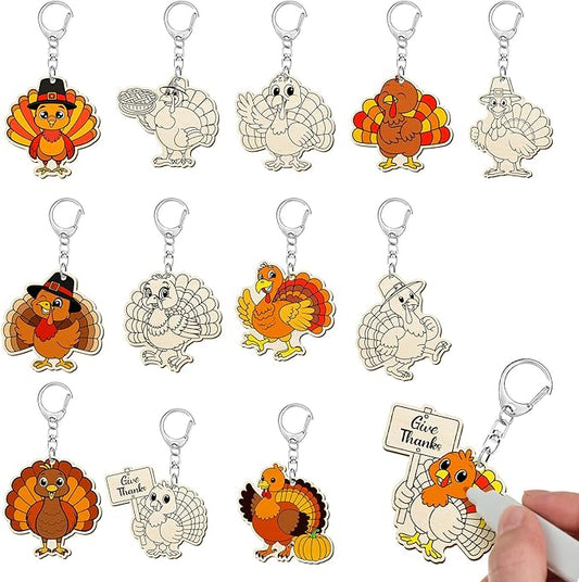 Trnayi 36 Pcs Thanksgiving Turkey Crafts Wood Color Your Own Keychains Fall Turkey DIY Coloring Gifts for Autumn Thanksgiving Party Favors Painting DIY Arts Crafts Project Decoration Family Holiday