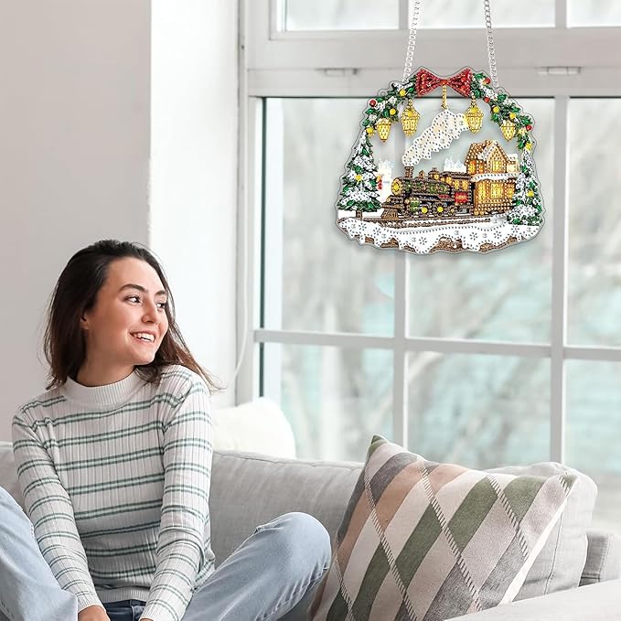 Yomiie Train House Sun Catcher Window Hanging - DIY Double Sided Diamond Painting Pendant Kit, Acrylic Diamonds Art Ornament for Front Door Sign & Indoor/Outdoor Garden Christmas Decor(8x8 inch)