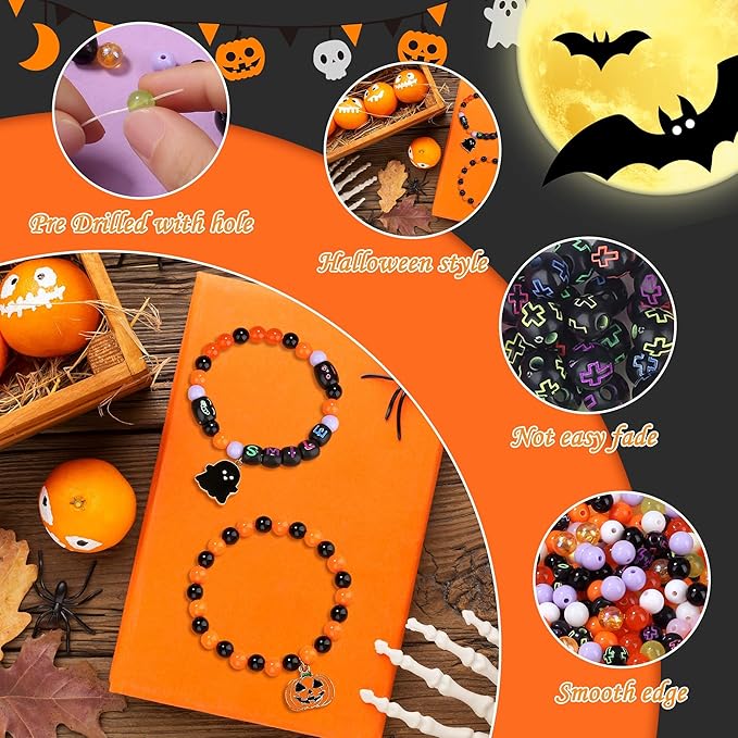 XIANNVXI 480pcs 23color Halloween Glass Beads Jewelry Making Kit Black Orange Purple White Friendship Bracelet Supplies with Halloween Pattern Beads Crafts