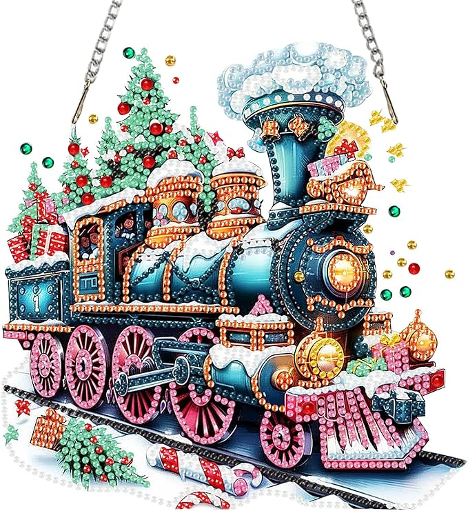 SENQAO Christmas Diamond Art Hanging Kits for Adults Kids, Christmas Train Diamond Art Suncatchers, 5D Special Shape Diamond Painting Pendant Window Ornament Gifts for Home Door Wall Decor