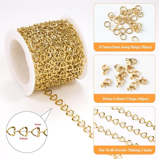 YOUBEIYEE 5 Meters Gold Plated Hollow Heart Chain for Jewelry Making Stainless Steel Link Chains Bulk on Spool