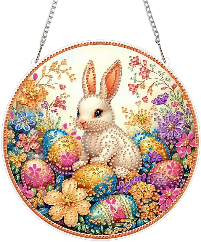 MEIYUDA Easter Bunny Diamond Art Hanging Kits for Adult, Easter Eggs Diamond Painting Hanging Kits Ornaments, DIY Special Shaped Rhinestone Window Pendant for Home Garden Wall Decor Gift