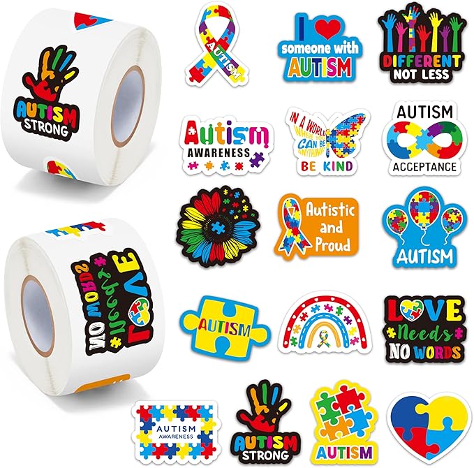 beyumi autism awareness roll stickers - 1000pcs puzzle pieces ribbon sticker in 2 rolls waterproof vinyl autism awareness decal fundraiser event laptop bottle notebook luggage gift decor for kids teen