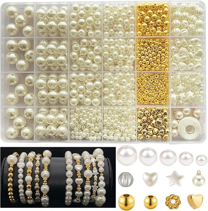 1338PCS Pearl Beads for Bracelets, 5 Size Round Pearl Beads Bulk for Jewelry Making Gold Spacer Star Heart Charms Friendship Bracelets Making Kit for Necklaces Earrings DIY Crafts