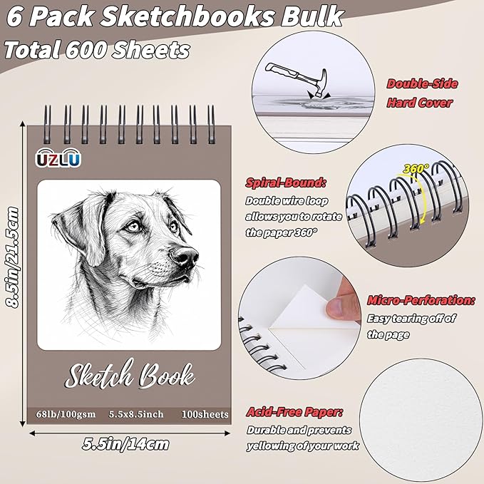 6 Pcs Sketch Book Bulk 5.5 x 8.5 In 600 Sheets Top Spiral Bound Sketch Pad Drawing Paper 100 Sheets Each Acid Free Mixed Media Sketchbook 68lb/100gsm Art Supplies for Beginner Artist