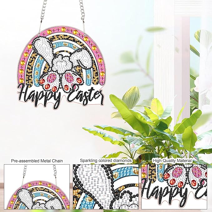 AiYuanzsh DIY Happy Easter Bunny Diamond Art Hanging Ornament, Special-Shaped Crystal Diamond Painting Pendant for Home and Office Decoration