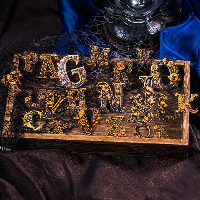 156Pcs Gothic Themed Alphabet PET Stickers, Vintage Floral and Castle Letter Stickers for Scrapbooking, DIY Crafts, and Artistic Journaling, with Organizer
