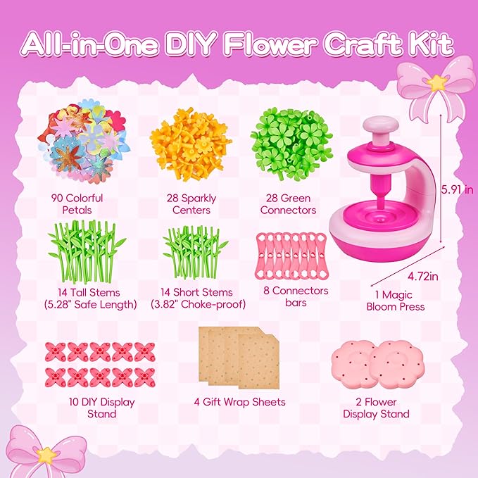 fabric flower bouquet craft kit for kids, diy arts & crafts toy to make your own flower wreaths & reusable felt flowers, educational birthday gift for girls boys ages 4–10