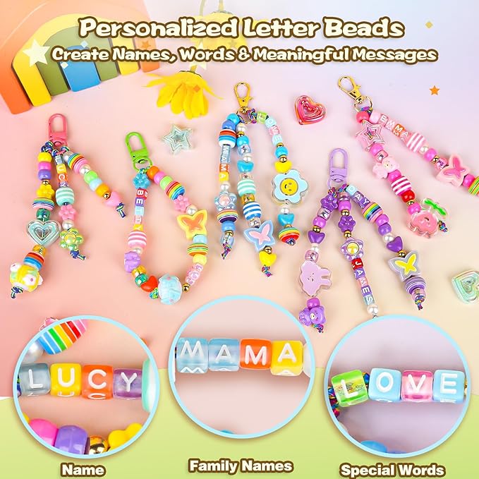 Ecoofor 633 PCS Beaded Keychain Making Kit, Acrylic Alphabet Letter Beads with Heart, Star & Flower Charms for DIY Jewelry, Bag Charm & Keychain Accessories Craft Supplies