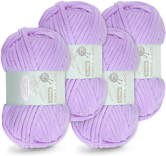 Chunky Chenille Yarn Velvet Soft Super Bulky Size 6 for Crocheting Knitting, Baby Blanket Yarn, 100g 71 Yds per Skein, Easy to Use for Scarves, Amigurumi, Crafts (4, Light Purple)