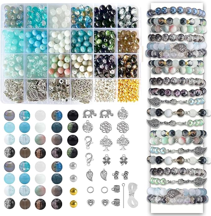 Glass Beads for Jewelry Making 18 Colors, Round Glass Beads Including 2-8mm Bead spacers, Blue Round Beads for DIY Jewelry Making Supplies for Adults, Bracelet Necklace Earring Making kit