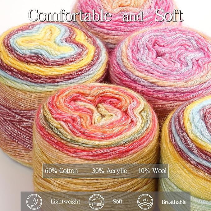 Katech Ombré Yarn for Crocheting-Gradient Cake Yarn-4x100g 60% Cotton 30% Acrylic 10% Wool-Ombre Multicolor Soft Rainbow Cotton Crochet Yarn for Scarves, Shawls, Blankets and Garments(J)