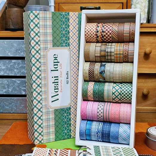 42 Rolls Vintage Stripe Washi Tape Set，Decorative Tape for Scrapbooking, Journaling, Bullet Journals, DIY Crafts, and Gift Wrapping