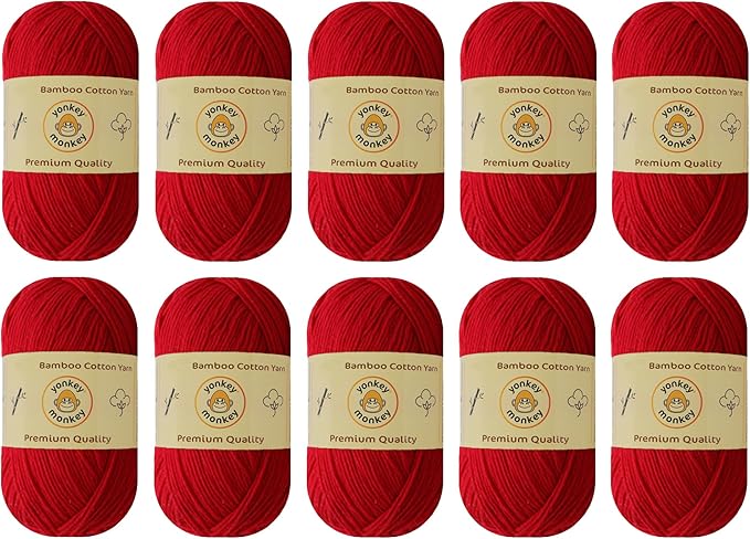 10-Pack of Yonkey Monkey 500 Grams Yarn - 70% Rayon derived from Bamboo, 30% Cotton - Imported - Red 9016