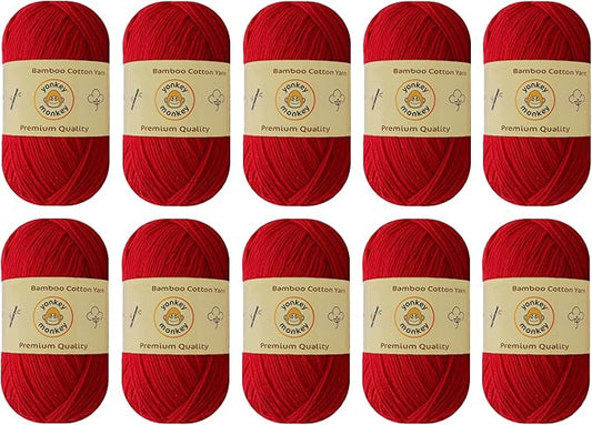 10-Pack of Yonkey Monkey 500 Grams Yarn - 70% Rayon derived from Bamboo, 30% Cotton - Imported - Red 9016