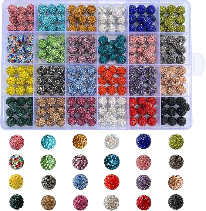 240pcs 10mm Rhinestone Beads for Jewelry Making, 24 Colors Sparkle Round Disco Ball Beads Bulk, Shiny Crystal Clay Diamond Bead for Bracelet Baseball Necklace Earring Crafting and DIY