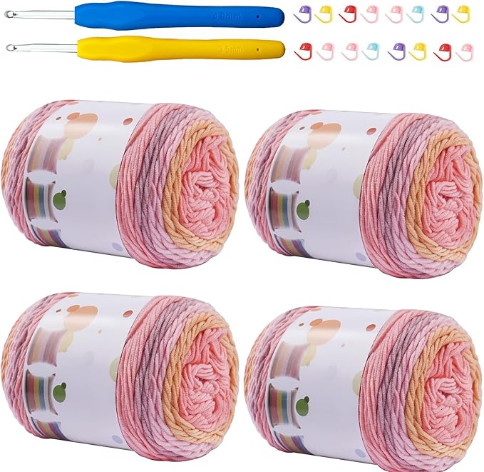 Ombre Cake Yarn for Crocheting 4PCS Gradient Yarn Cake-4x100g 45% Cotton 55% Acrylic Rainbow Cotton Yarn for Knitting,Shawls,Blankets,Scarves,Garments(Pink W/Yellow)