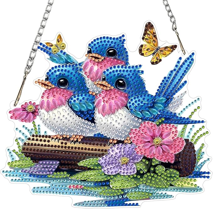 MXJSUA Blue Birds Diamond Art Hanging Kits for Adults Beginners, DIY Acrylic Special Shaped Crystal Animals Diamond Gem Art Pendant Drills Painting Ornament for Home Wall Decor and Gift