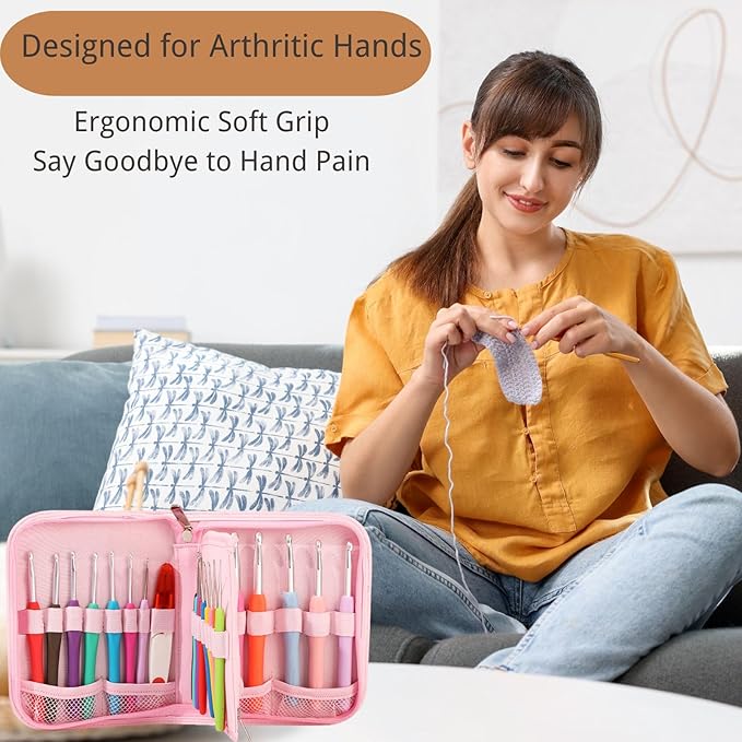 blingcute 50-piece ergonomic crochet kit (0.6mm-8.0mm), pain-free hooks for arthritis hands, portable aluminum needles set with pink travel organizer, best gift for beginners & lace projects