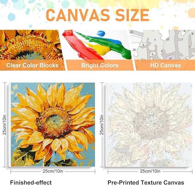 Framed Paint by Numbers Kit for Adults Beginners & Kids Ages 8-12, Sunflower Acrylic Easy Paint by Number with Frame, Watercolor Paint by Number Kits on Canvas Framed (10 * 10 Inch, without Easel)