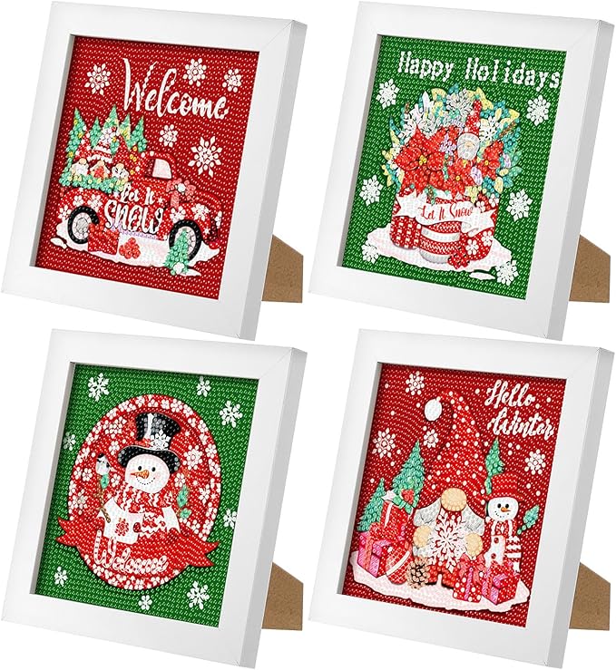 Geyoga 4 Pcs Christmas Diamond Painting Kits with Frame Christmas Snowman Gnome Diamond Art Kits for Adults Beginner Kids DIY Arts and Crafts Rhinestone Gem Art Home Wall Table Decor Gift 7 x 7 Inch