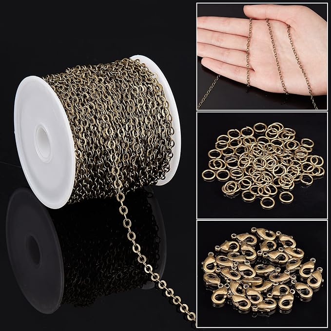 SUNNYCLUE 32.8Feet/ 10m Antique Bronze Chain Bulk Brass Cable Curb Chains for Jewelry Making Findings Links 100Pcs Iron Jump Rings 30Pcs Brass Lobster Clasps Necklace Bracelet Choker 4x3x0.6mm