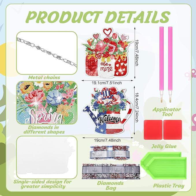 Chitidr 6 Pcs Seasonal Diamond Painting Kits 5d DIY Holiday Flowers Diamond Art Painting Hanging Signs for Spring Ventines Easter St. Patrick's Day Memorial Day Summer Wall Door Window Decor