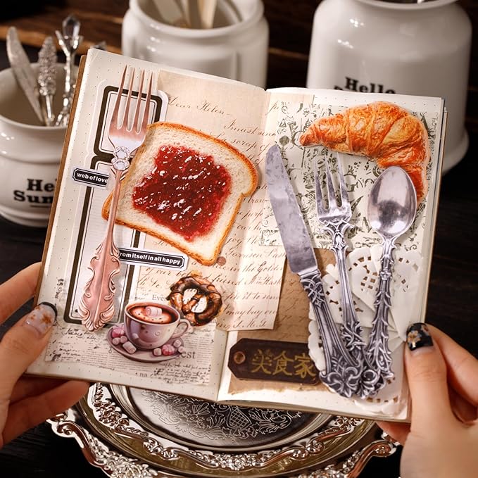 Retro Tableware Cardstock Sticker Set – 60pcs Vintage Metal Utensils for Scrapbook, Journal, Collage & Paper Crafts
