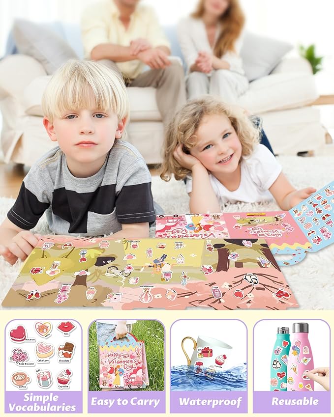 walenced reusable sticker book for toddlers, stickers for kids, toddler sticker book, toddler craft activities, toddler travel toys ages 3 and up boy girl birthday gifts - valentines