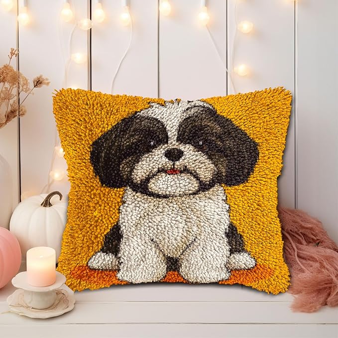 DIY Latch Hook Pillow Kits for Adults Cute Cartoon Shih Tzu Dog Printed Pillowcase Crochet Yarns Hooking Handmade Pillow Cover Cushion for Home Sofa Decoration 17x17inch-5