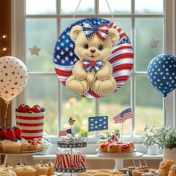 Bowetile Independence Day Bear 5D Diamond Art Hanging Kits for Adults, 4th of July Diamond Painting USA Window Pendant Kits, Special Shape Gem Art Suncatcher Ornament for Home Garden Wall Decor