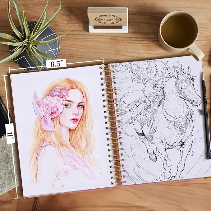 Blank Spiral Notebook, Sketch Book, 8.5" x 11", 300 Pages Hardcover Leather Sketchbook, Large Unlined Notebook Journal for Women Men, No Bleed Thick Paper Sketchbook for Drawing, Hot Pink Sketch Books