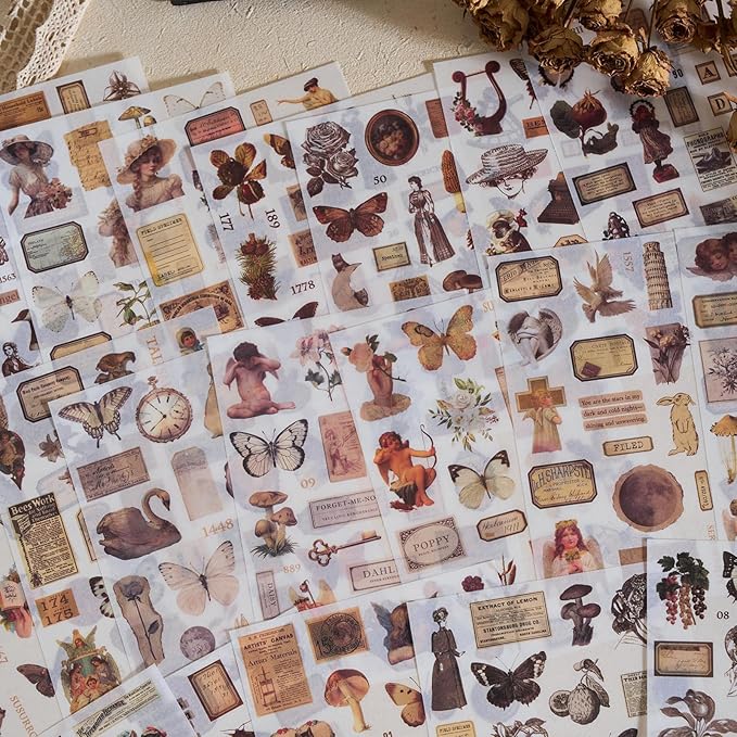 Vintage Ephemera Washi Scrapbook Sticker Book for Scrapbooking, 550+ Journaling Stickers for Junk Journals, Butterfly Mushroom Flower Aesthetic Stickers for Adults DIY Arts Frame Album