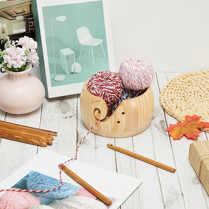 Patelai 6 x 6 x 3 Inch Wooden Yarn Bowls for Crocheting Round Knitting Wool Storage Yarn Bowl Handmade with Holes 12 Pieces Crochet Hooks for Knitting DIY Crafts Tools(Natural Color)