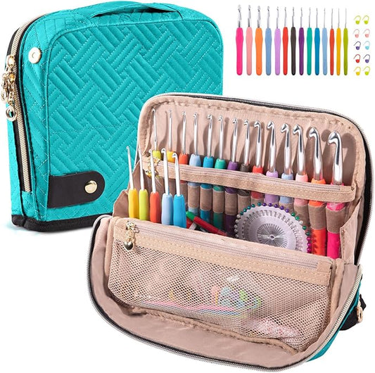 MYBAGZING Crochet Hook Case with 14 Size Crochet Hooks Set 2mm(B)-10mm(N) Ergonomic Crochet Hooks with Crochet Case Stand Up - Crochet Hook Organize for Crochet Lovers, Crochet Kit for Beginners