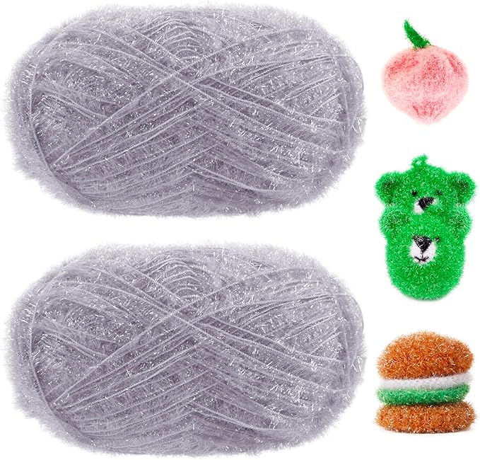 JeogYong Scrubby Yarn 2 Skeins (2 x 100g, 2 x 218yd) Scrubby Sparkle Yarn, Fluffy Polyester Scrubbie Crochet String for Crocheting Knitting Dishcloths Washcloths DIY Projects