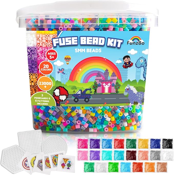 funzbo 23000+ 5mm fuse beads kit - 23 colors refill set with 3 pegboards, christmas beads crafts for kids, arts and crafts project, toys gifts for girls and boys aged 5+ years old gifts