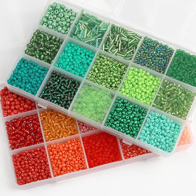 GTAAOY Mix 15 Color Glass Seed Beads, Glass Bugle Beads Tube Beads for Adults, Bracelet Bead Boards, Tweezers,Elastic Sting for Jewelry Making(Mix Size,Green)