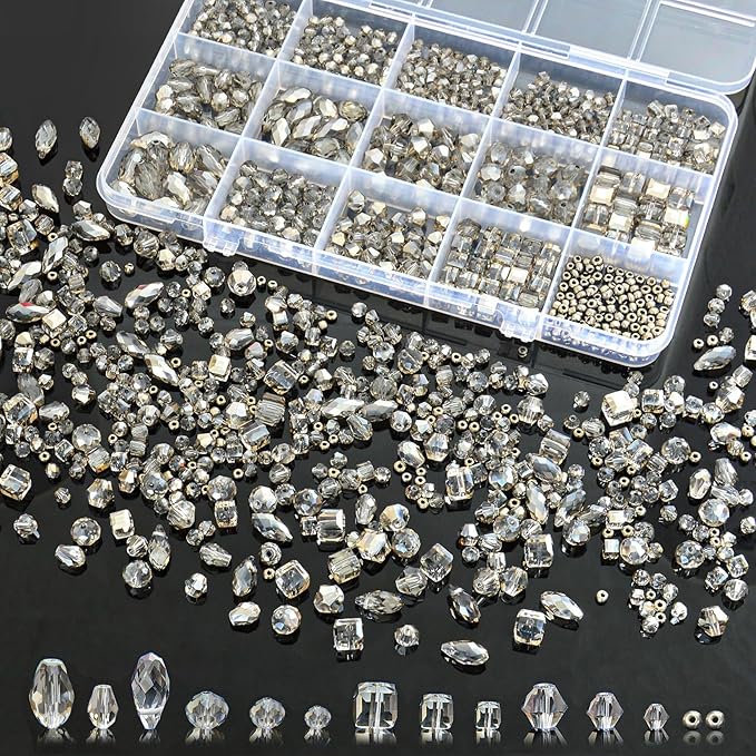 1500 Pcs Crystal Glass Beads for Jewelry Making – 12 Styles Bicone, Rondelle, Cube, Teardrop & 3mm Spacer Beads, DIY Bracelet Necklace Earring Craft Kit with Organizer Box(Grey)