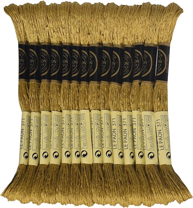 LE PAON Embroidery Floss, 14-Pack Six Strands 100% Long Staple Cotton Embroidery Thread, 8.7-Yard，Color Number：371, Mustard