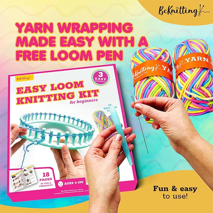 BeKnitting Loom Kit - Beginner Learn to Knit Hat, Bag and Headband for Kids & Adults | DIY Arts & Crafts w/Round Loom, Yarn, Crochet Hook, & Pen | Weaving | Holiday Gifts, Gift-Ready Box
