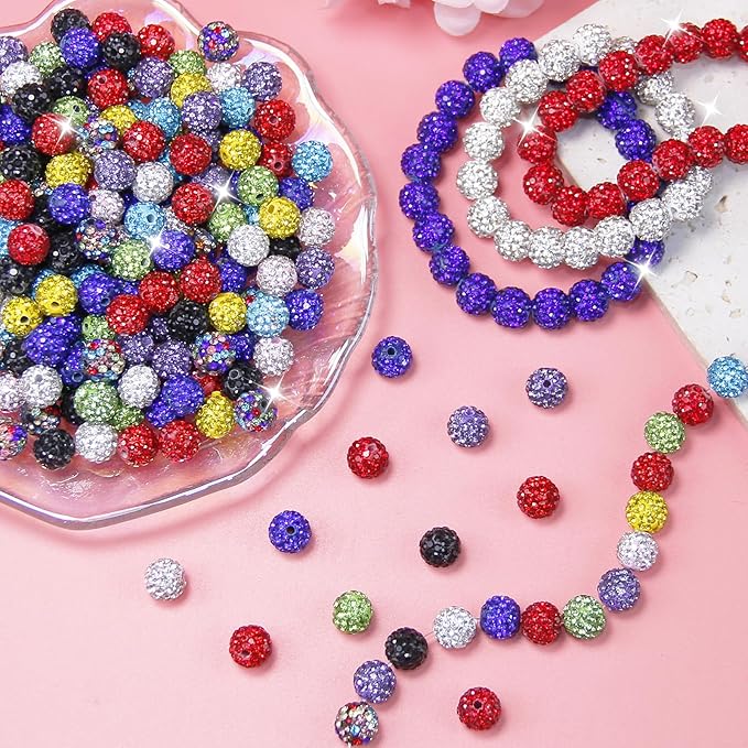 200 Pcs 10mm Rhinestone Beads for Jewelry Making, Mixed Shiny Round Shamballa Disco Baseball Necklace Beads Sparkle Crystal Clay Pave Rhinestones Bead for DIY Bracelet Earring keychain Making Supplies