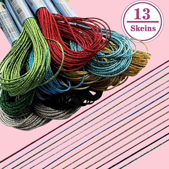 13 Skeins Embroidery Thread, 10 Colors Metallic Embroidery Floss Set, Polyester Cross-Stitch Threads for Hand Embroidery, String Art（10 Colors）