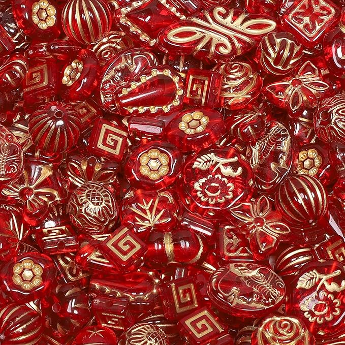 7.5 OZ Assorted Vintage Acrylic Beads for Jewelry Making, Song Xi Unique Flower Rose Czech Beads for Bracelet Earrings, Bohemia Style, Bulk, Arts and Crafts, DIY Holiday Gift (240-260 PCS, Red)