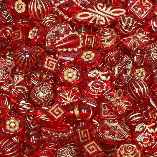 7.5 OZ Assorted Vintage Acrylic Beads for Jewelry Making, Song Xi Unique Flower Rose Czech Beads for Bracelet Earrings, Bohemia Style, Bulk, Arts and Crafts, DIY Holiday Gift (240-260 PCS, Red)