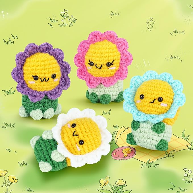 fortuning's jds crochet kit for beginners - 4pcs flowers complete crochet starter kit with step-by-step video tutorials, beginner crochet kits for adults women, flower family crocheting set